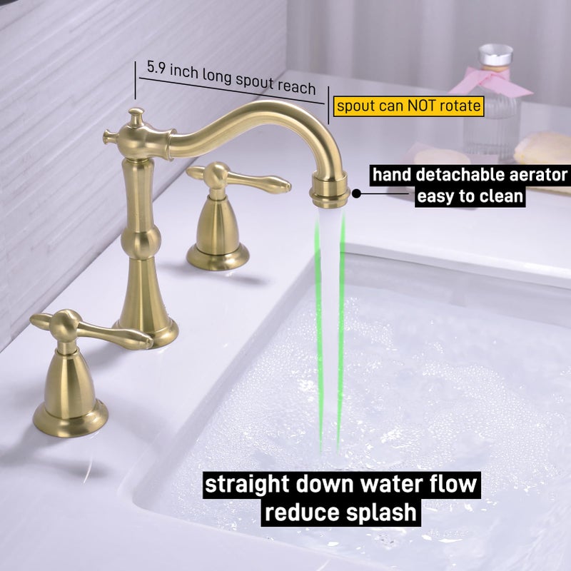 TRUSTMI 8 Inch Widespread Brushed Gold Bathroom Faucet 3 Hole Solid Brass Bathroom Vanity Sink Faucet with Overflow Pop-Up Drain Assembly and cUPC Water Supply Lines - Image 3
